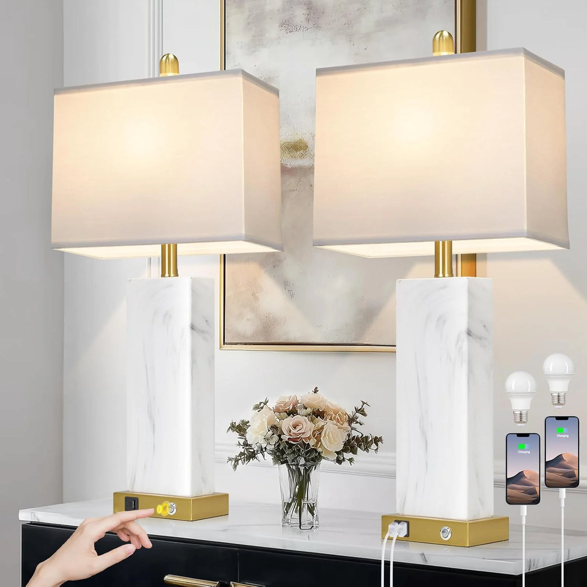 28.5" White Ceramic Table Lamps | Set of 2 | 3-Way Touch Control | USB-C/A Ports | Modern Square Design | Bedroom & Living Room Decor