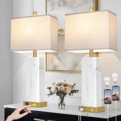 28.5" White Ceramic Table Lamps | Set of 2 | 3-Way Touch Control | USB-C/A Ports | Modern Square Design | Bedroom & Living Room Decor
