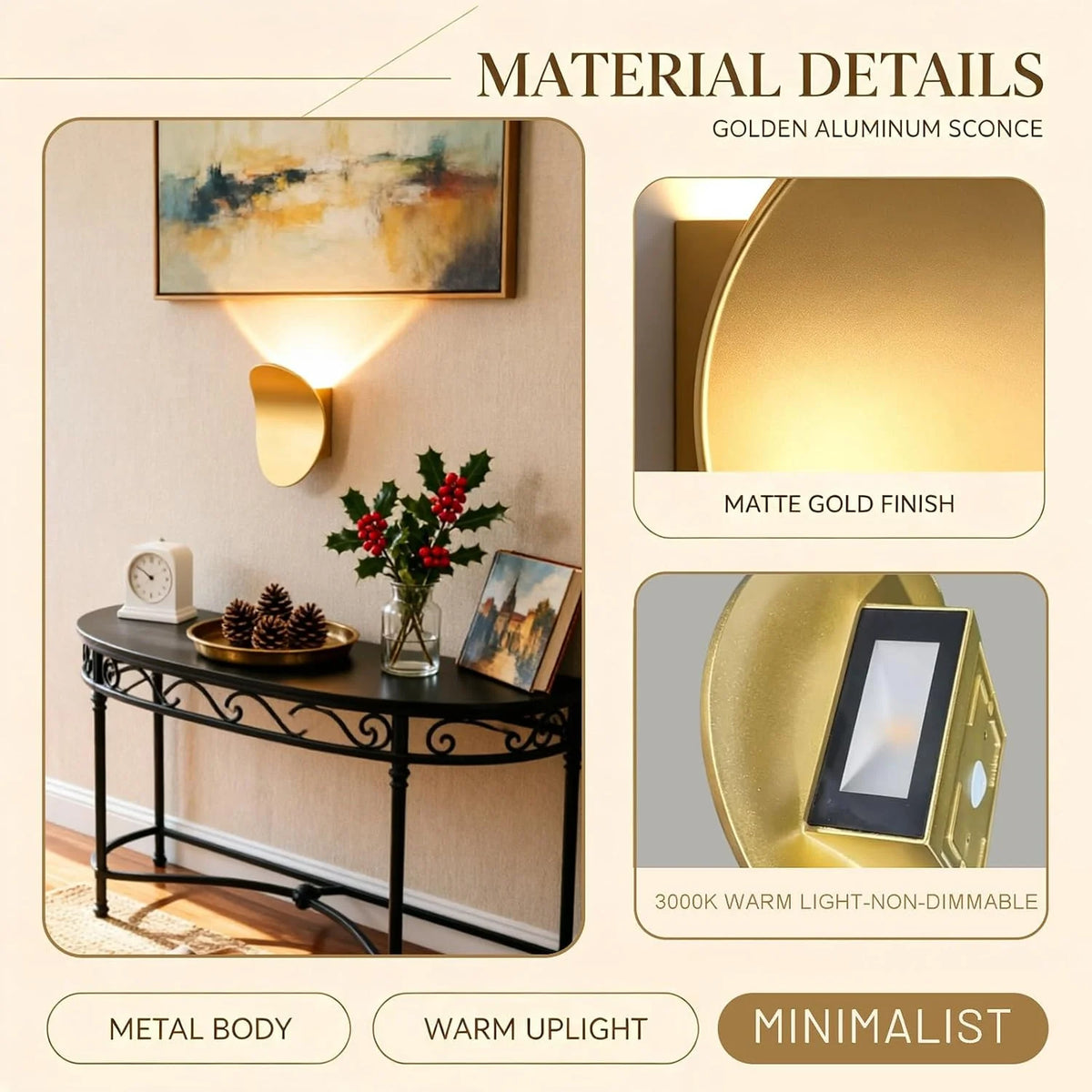 Modern Minimalist Arc LED Wall Sconce, Gold 5W Warm White 3000K