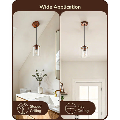 Farmhouse Flush Mount Ceiling Light with Wood Grain Finish and Two Adjustable Pendant Lights for Kitchen Island