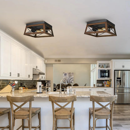 Farmhouse Flush Mount Ceiling Light with Wood Grain Finish and Two Adjustable Pendant Lights for Kitchen Island
