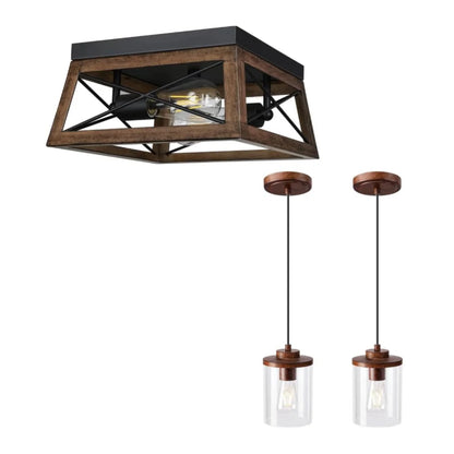 Farmhouse Flush Mount Ceiling Light with Wood Grain Finish and Two Adjustable Pendant Lights for Kitchen Island