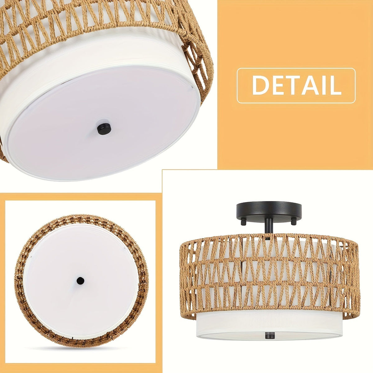 Rattan Ceiling Light | Boho Semi-Flush Mount with Linen Shade