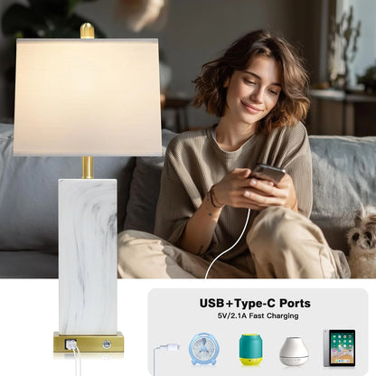 28.5" White Ceramic Table Lamps | Set of 2 | 3-Way Touch Control | USB-C/A Ports | Modern Square Design | Bedroom & Living Room Decor