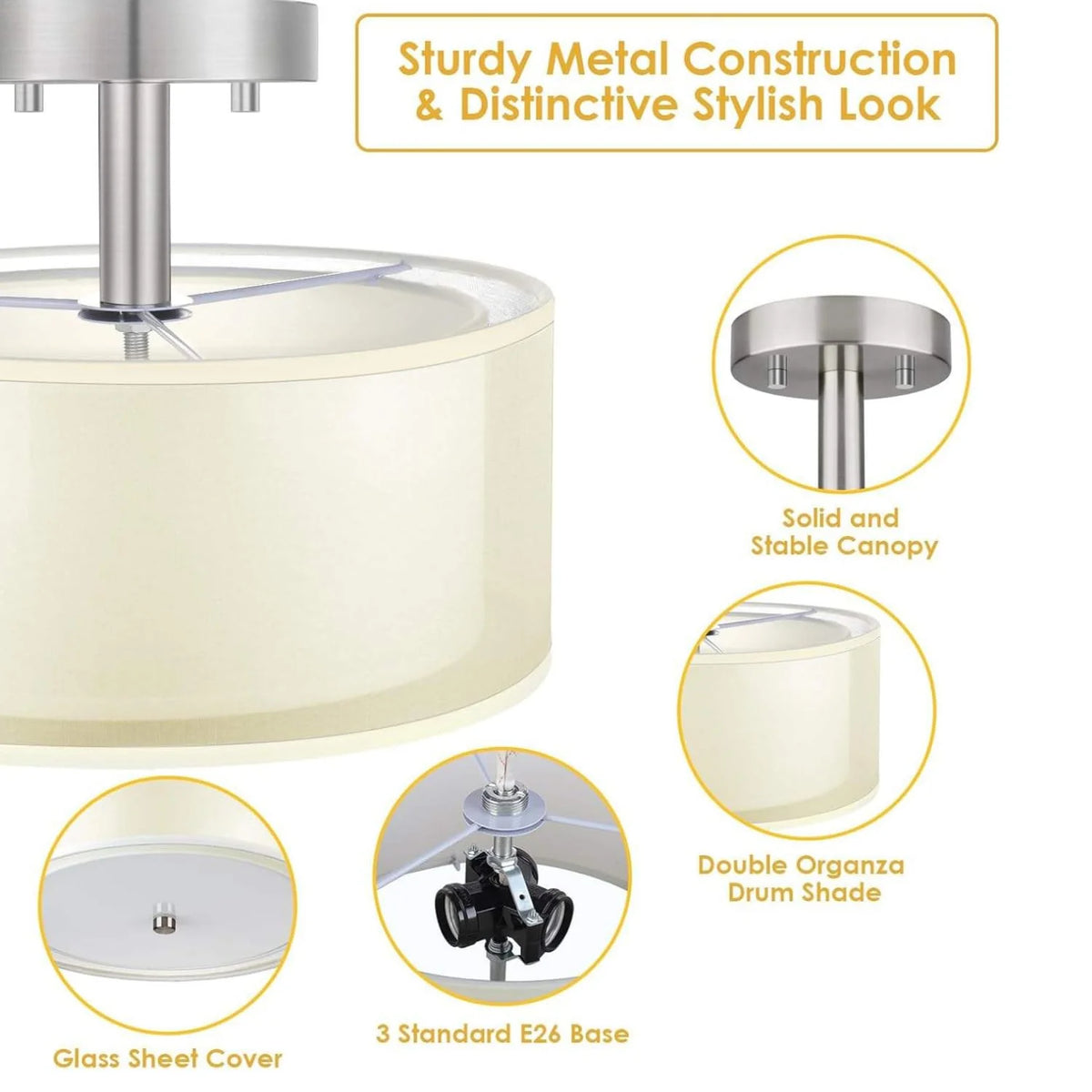 Modern Semi Flush Mount Ceiling Light Brushed Nickel 3-Light Drum Fixture Double Organza Fabric Shade Glass Diffuser