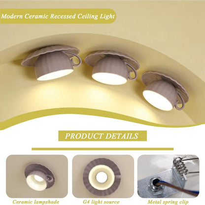 Modern Ceramic Teacup Flush Mount Ceiling Light, Decorative Recessed Fixture for Cafés, Bedrooms & Closets