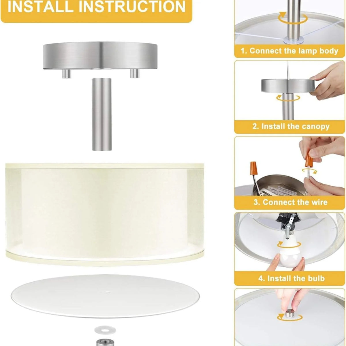 Modern Semi Flush Mount Ceiling Light Brushed Nickel 3-Light Drum Fixture Double Organza Fabric Shade Glass Diffuser