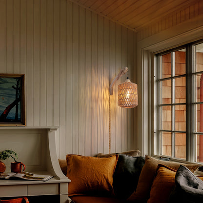 Rattan Wall Lamp | Boho Hand-Woven Wood Plug-In Light Fixture