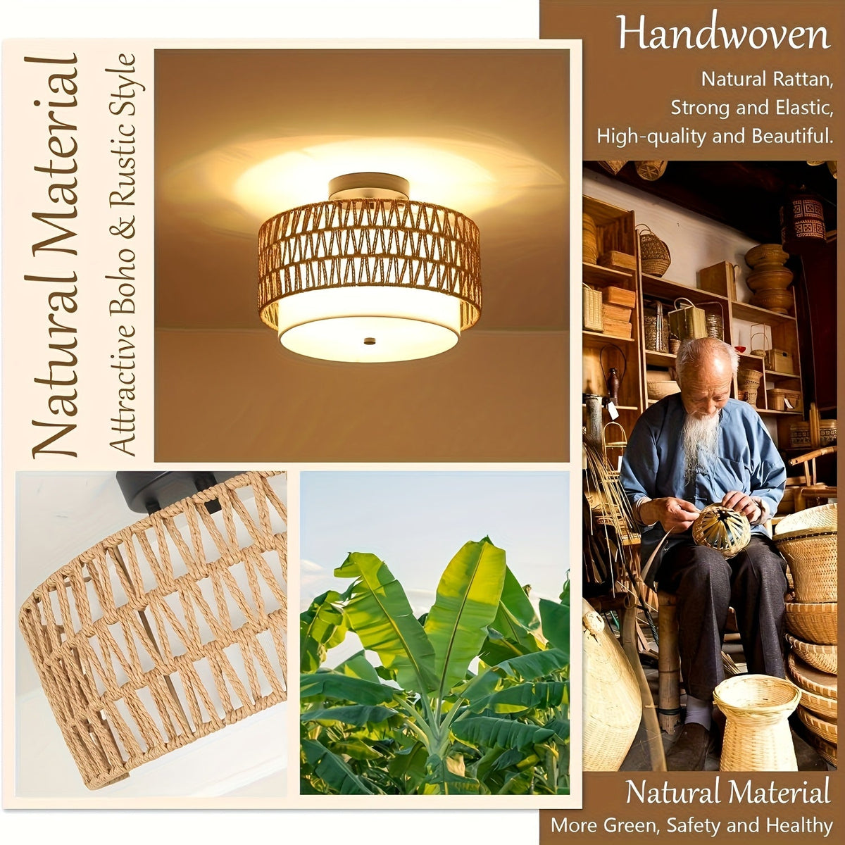 Rattan Ceiling Light | Boho Semi-Flush Mount with Linen Shade