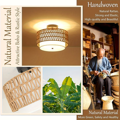 Rattan Ceiling Light | Boho Semi-Flush Mount with Linen Shade