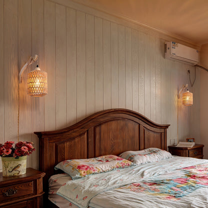 Rattan Wall Lamp | Boho Hand-Woven Wood Plug-In Light Fixture