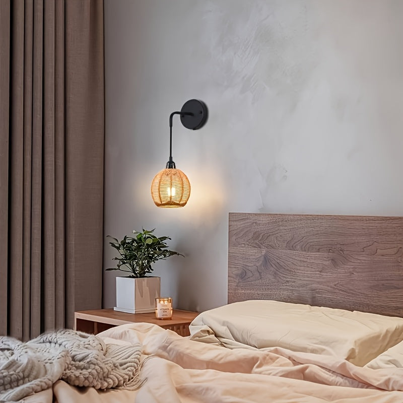 Rattan Wall Lamp | Boho Handwoven Bedside & Living Room Sconce