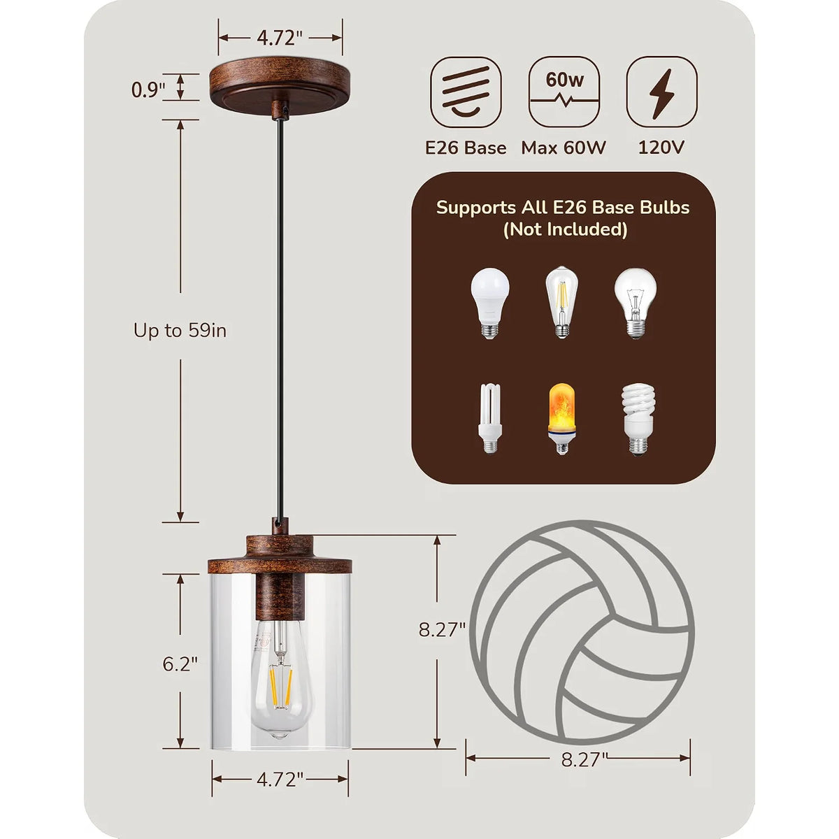 Farmhouse Flush Mount Ceiling Light with Wood Grain Finish and Two Adjustable Pendant Lights for Kitchen Island