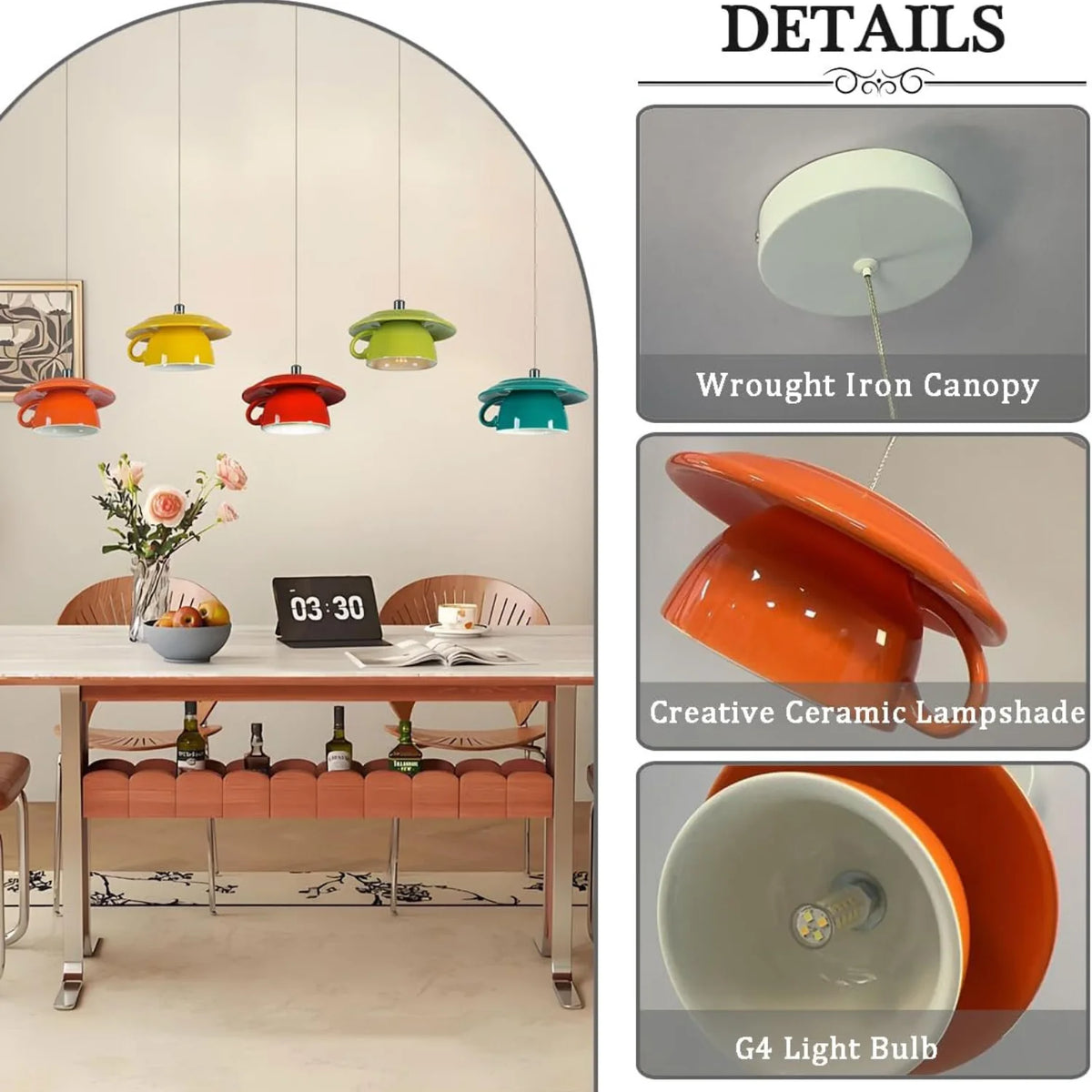 Ceramic Coffee Cup Pendant Light, 5.7" Nordic Hanging Ceiling Light for Kitchen Island, Bar & Hallwa
