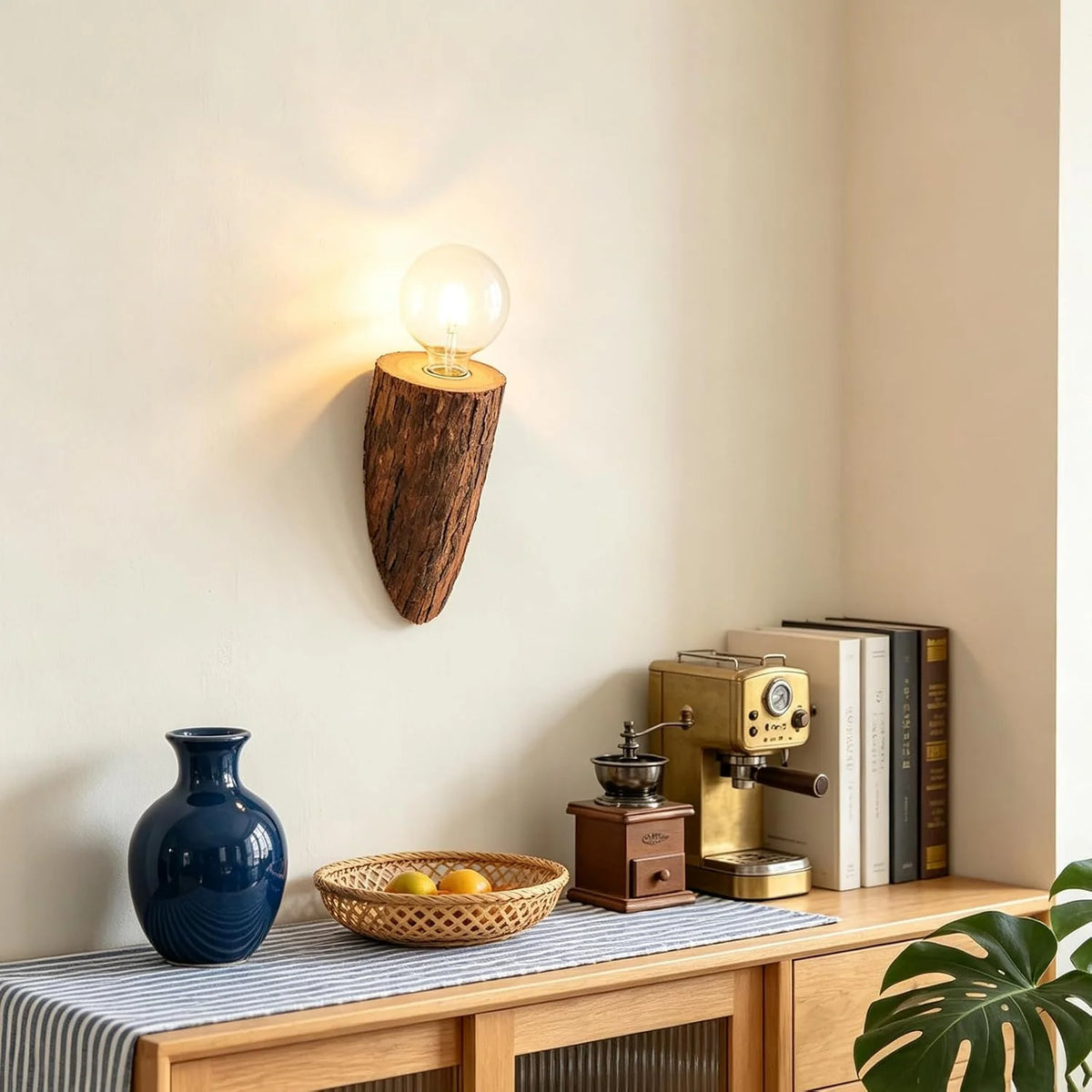 Rustic Natural Tree Stump Hardwired Wall Sconce, Wooden Wall Lamp
