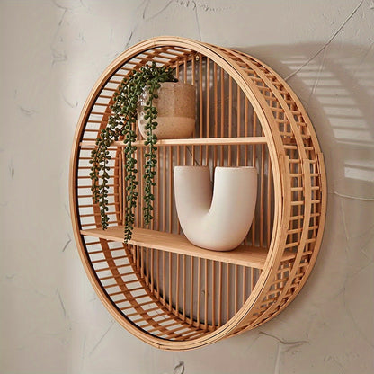 Bamboo Wall Shelf | Round Handmade Boho Floating Organizer for Home Decor