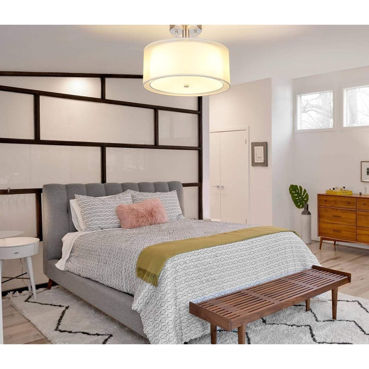 Modern Semi Flush Mount Ceiling Light Brushed Nickel 3-Light Drum Fixture Double Organza Fabric Shade Glass Diffuser