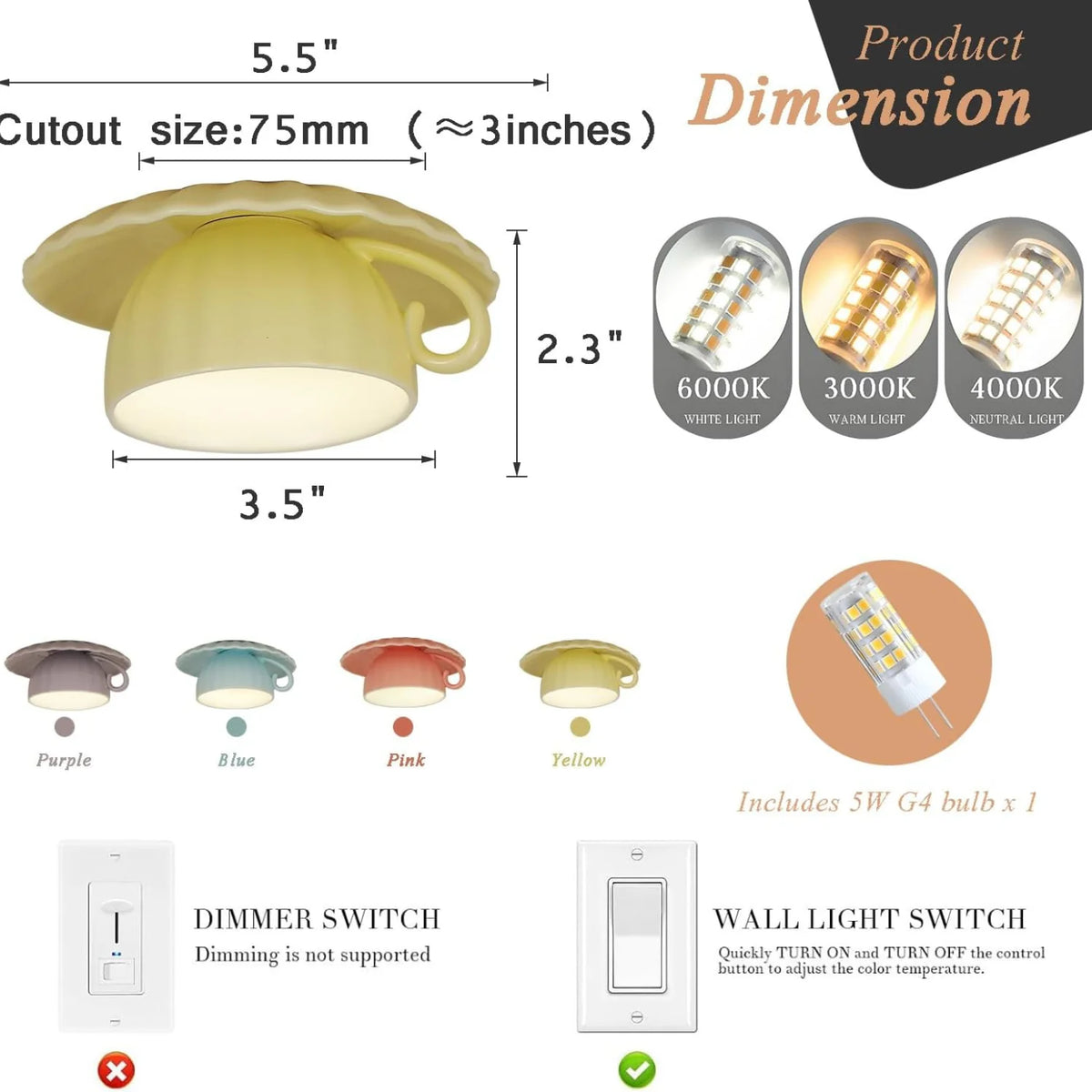 Modern Ceramic Teacup Flush Mount Ceiling Light, Decorative Recessed Fixture for Cafés, Bedrooms & Closets