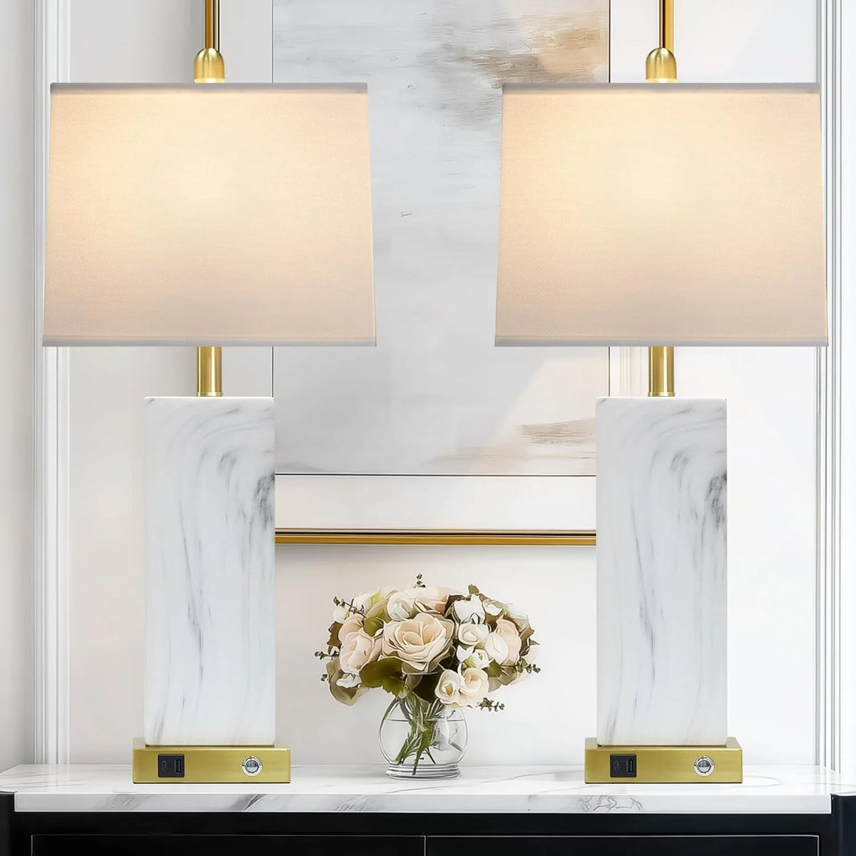 28.5" White Ceramic Table Lamps | Set of 2 | 3-Way Touch Control | USB-C/A Ports | Modern Square Design | Bedroom & Living Room Decor