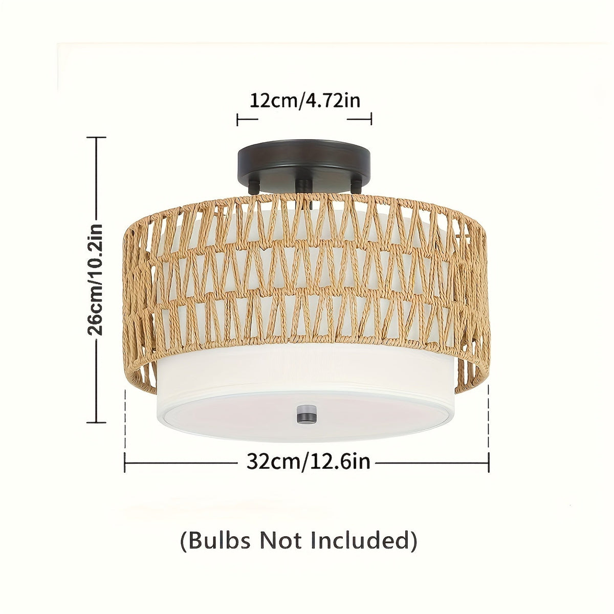 Rattan Ceiling Light | Boho Semi-Flush Mount with Linen Shade