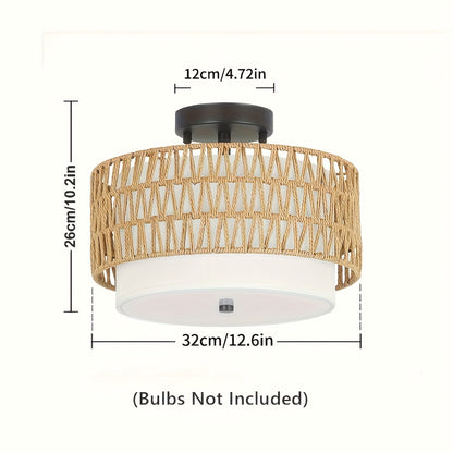 Rattan Ceiling Light | Boho Semi-Flush Mount with Linen Shade