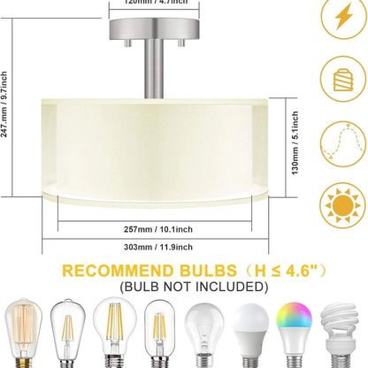 Modern Semi Flush Mount Ceiling Light Brushed Nickel 3-Light Drum Fixture Double Organza Fabric Shade Glass Diffuser