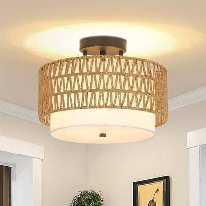 Rattan Ceiling Light | Boho Semi-Flush Mount with Linen Shade