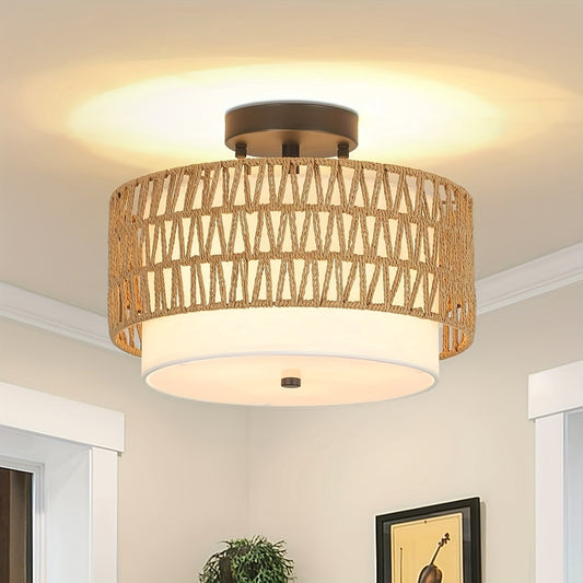 Rattan Ceiling Light | Boho Semi-Flush Mount with Linen Shade