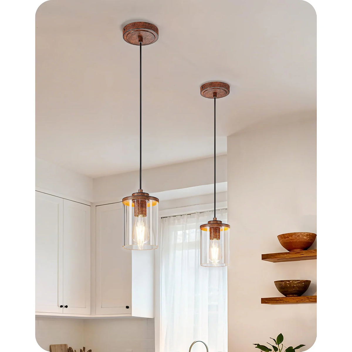 Farmhouse Flush Mount Ceiling Light with Wood Grain Finish and Two Adjustable Pendant Lights for Kitchen Island