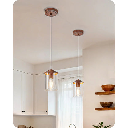 Farmhouse Flush Mount Ceiling Light with Wood Grain Finish and Two Adjustable Pendant Lights for Kitchen Island