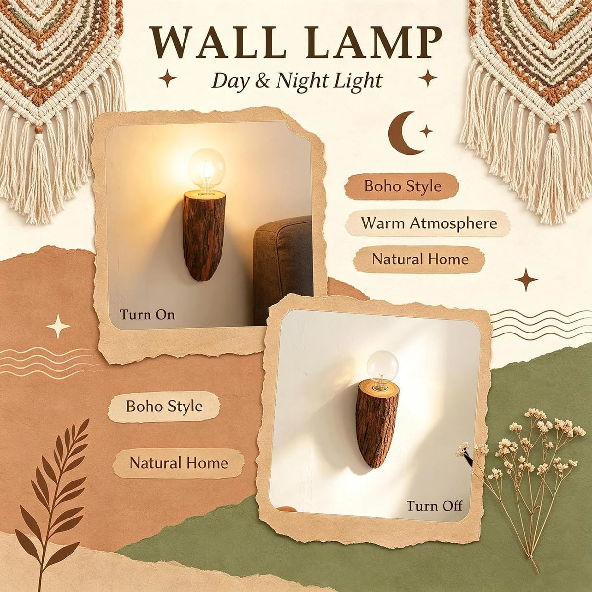 Rustic Natural Tree Stump Hardwired Wall Sconce, Wooden Wall Lamp
