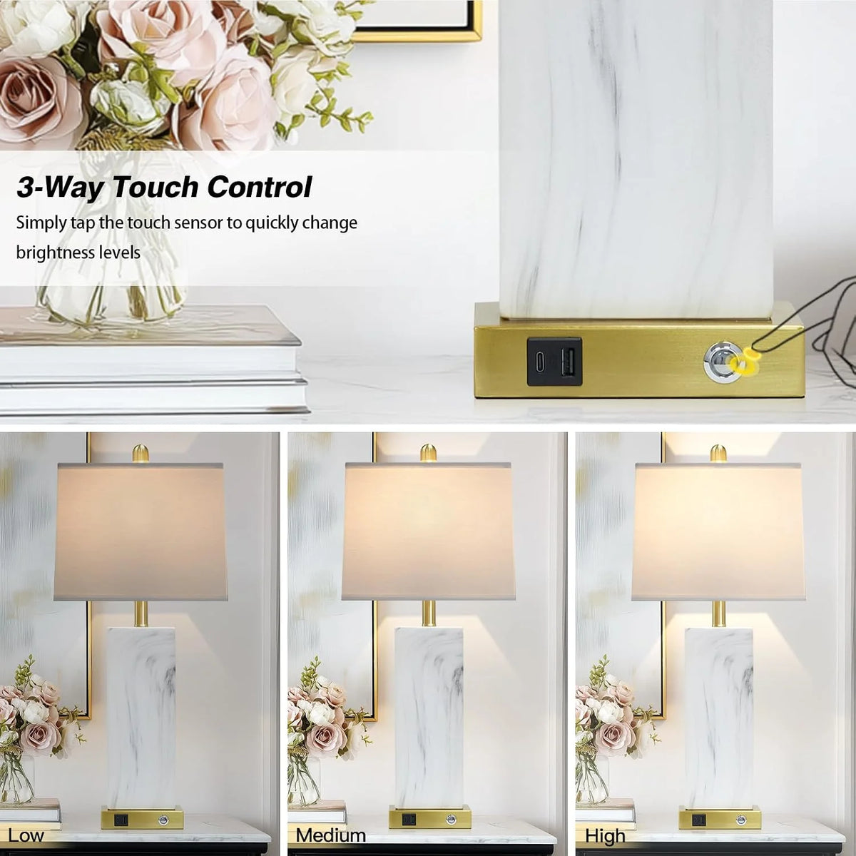 28.5" White Ceramic Table Lamps | Set of 2 | 3-Way Touch Control | USB-C/A Ports | Modern Square Design | Bedroom & Living Room Decor