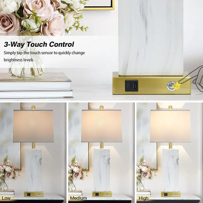 28.5" White Ceramic Table Lamps | Set of 2 | 3-Way Touch Control | USB-C/A Ports | Modern Square Design | Bedroom & Living Room Decor