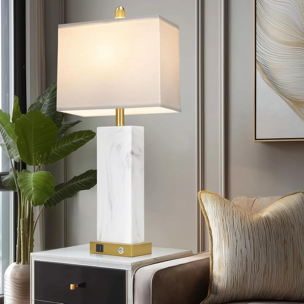 28.5" White Ceramic Table Lamps | Set of 2 | 3-Way Touch Control | USB-C/A Ports | Modern Square Design | Bedroom & Living Room Decor