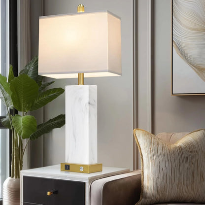 28.5" White Ceramic Table Lamps | Set of 2 | 3-Way Touch Control | USB-C/A Ports | Modern Square Design | Bedroom & Living Room Decor