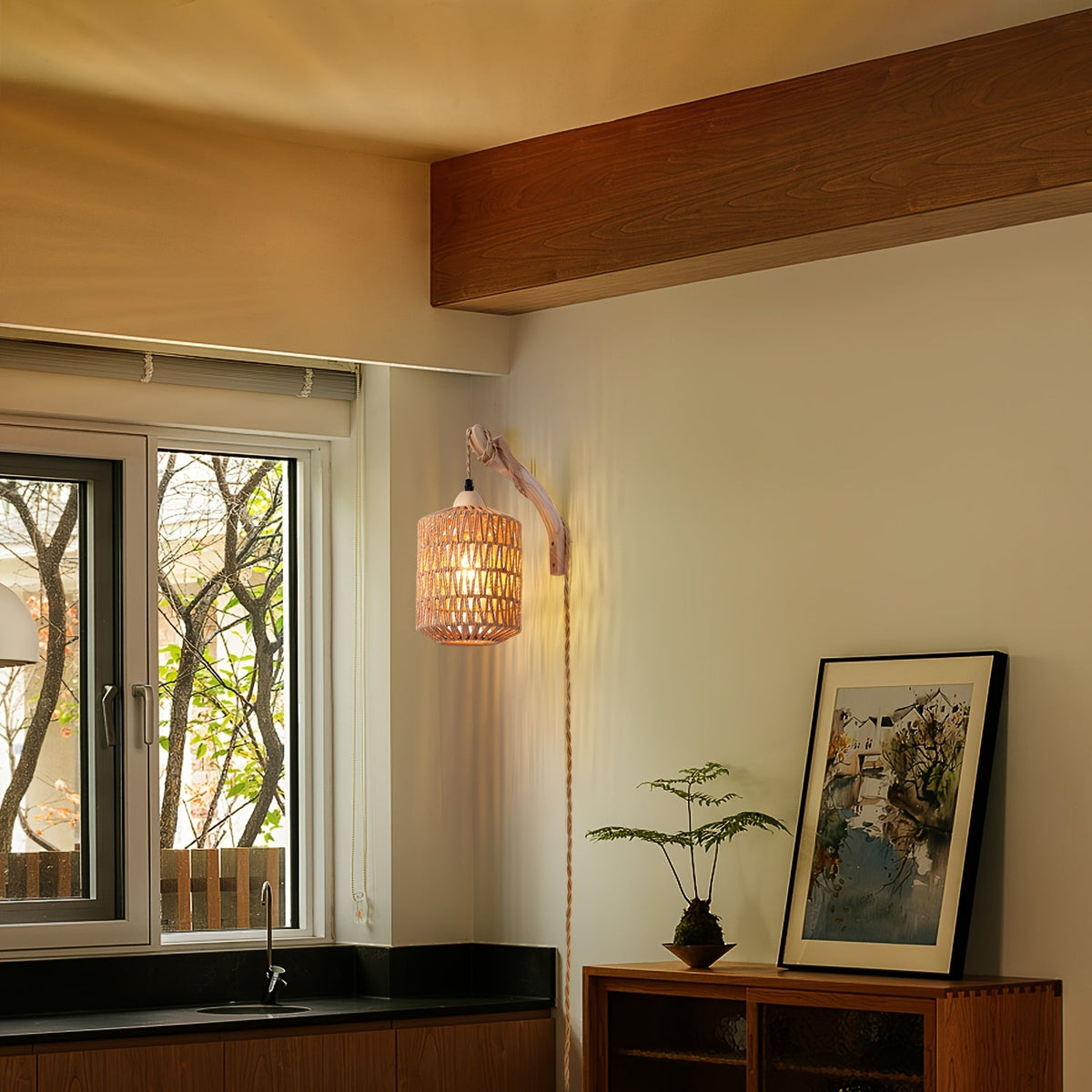Rattan Wall Lamp | Boho Hand-Woven Wood Plug-In Light Fixture