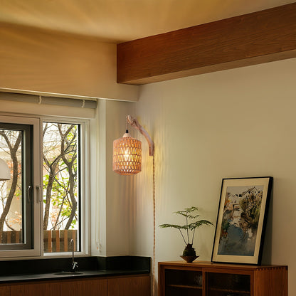 Rattan Wall Lamp | Boho Hand-Woven Wood Plug-In Light Fixture