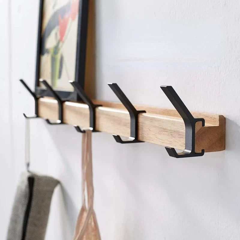 Coat Rack | Nordic Wall-Mounted Adjustable Dual Hooks | Black & Wood Finish