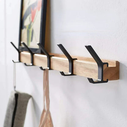 Coat Rack | Nordic Wall-Mounted Adjustable Dual Hooks | Black & Wood Finish