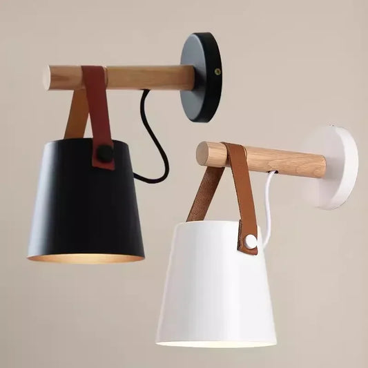 Wall Lamp | Nordic Wood & Leather | Hanging Bedside Sconce Light