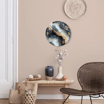 Wall Clock | Blue & Gold Marble Silent Wooden Design for Home Decor