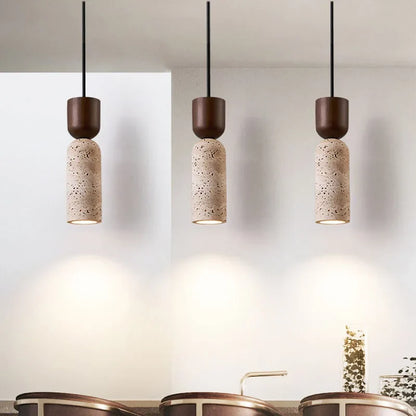 Pendant Light | Wabi-Sabi Travertine & Wood | Japanese Minimalist Bedside Lamp