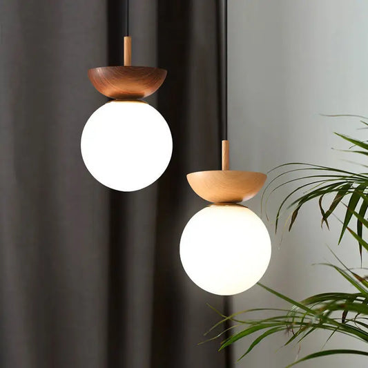 Glass Ball Pendant Light | Modern Nordic Ceiling Lamp with Wood Finish
