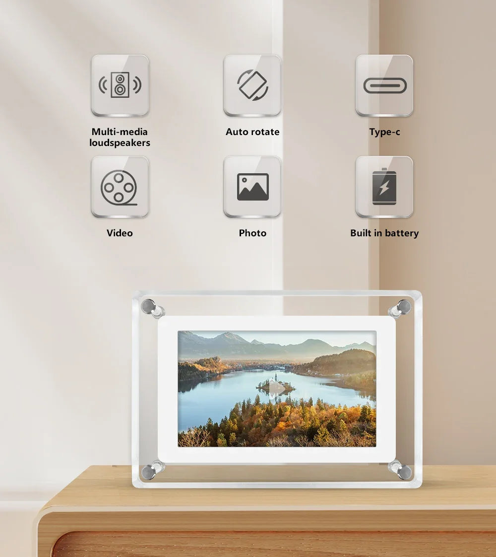 Digital Photo Frame | Acrylic Portable Screen | Built-In Battery Display - ClearFrame
