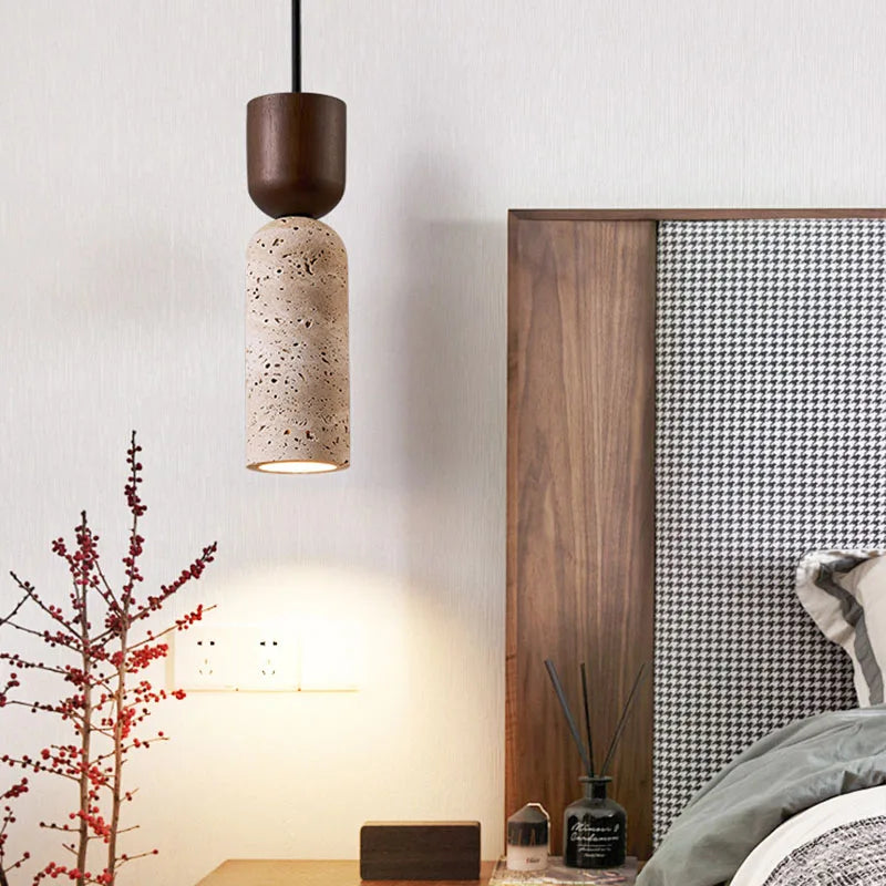 Pendant Light | Wabi-Sabi Travertine & Wood | Japanese Minimalist Bedside Lamp