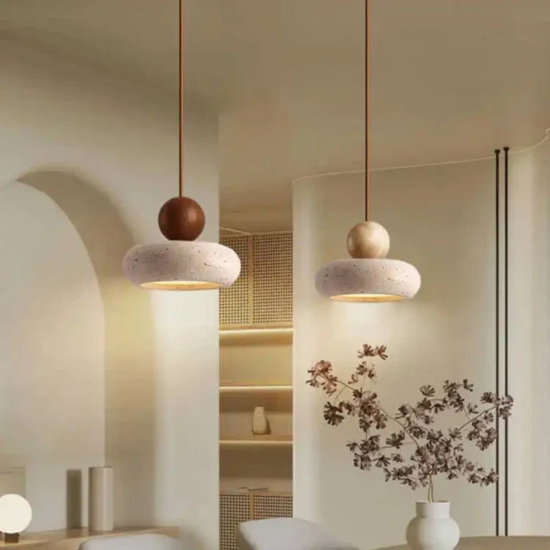 Stone & Wood Pendant Light | Natural Vintage Minimalist Ceiling Lamp