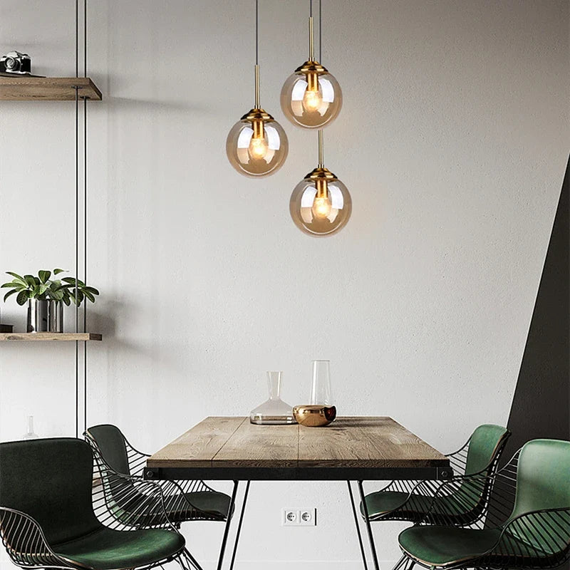 Glass Globe Pendant Light | Modern Nordic Amber, Smoke Grey & Clear Shade