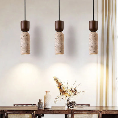 Pendant Light | Wabi-Sabi Travertine & Wood | Japanese Minimalist Bedside Lamp