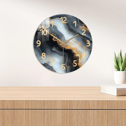 Wall Clock | Blue & Gold Marble Silent Wooden Design for Home Decor