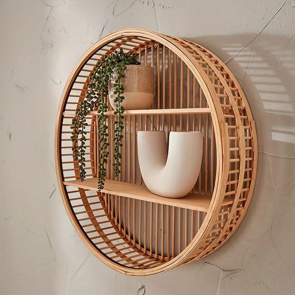Bamboo Wall Shelf | Round Handmade Boho Floating Organizer for Home Decor